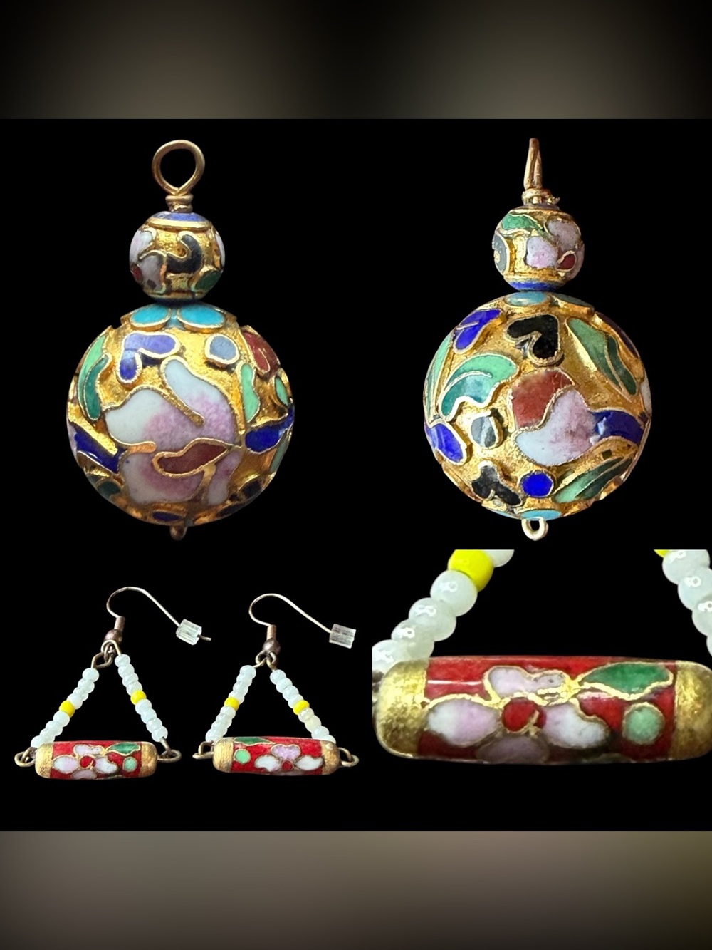 Vintage Cloisonné Enamel Earrings & Double Ball Enamel Pendant